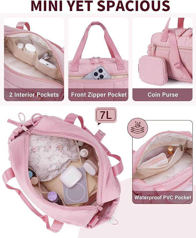 Ceneda Small Gym Bag for Women, Quilted Puffer Tote with Wet Pocket & Coin Purse, Lightweight Mini Sports Travel Duffle with Crossbody Strap, Water-Resistant for Workout, Yoga, Daily Commute