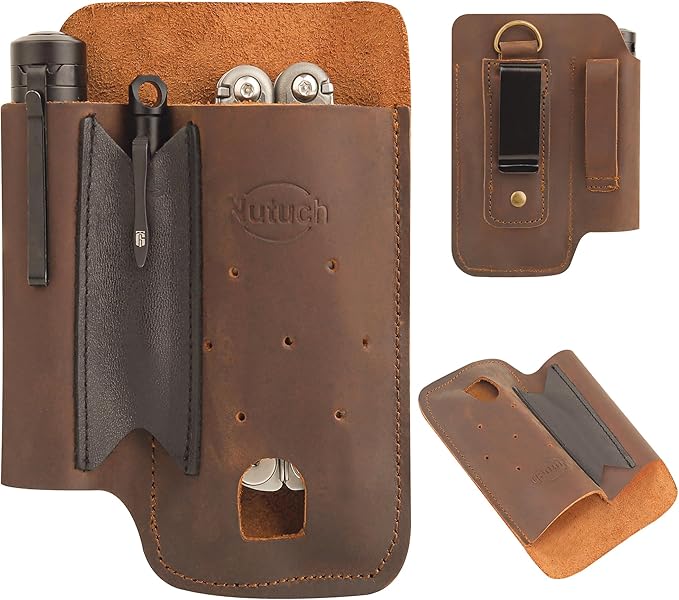 Leather EDC Multitool Sheath with Flip Closure | Leather EDC Belt Organizer | Flashlight Holster | Heavy Duty Multitool Organizer