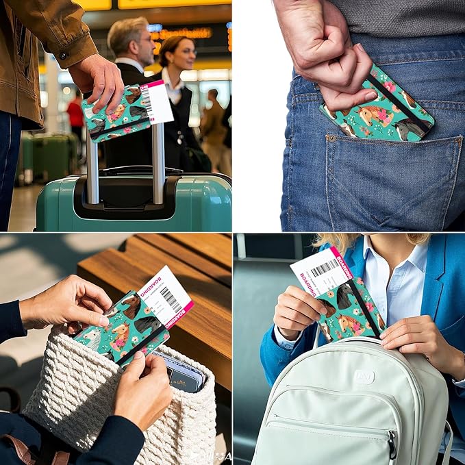 RFID Security Premium Passport and Travel Document Holder Combo, Slim PU Leather Folio Wallet with 3 Card Slots & Boarding Pass Pocket, Secure Elastic Closure Organizer, Horses in Teal with a Floral