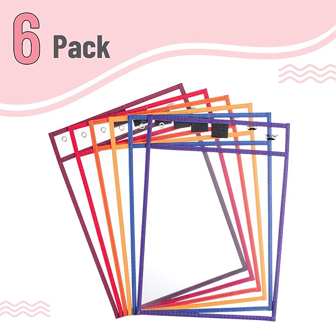 Mr. Pen- Dry Erase Pocket Sleeves, 6 Pack, 10"x14", Sunset Color Theme, Dry Erase Pockets Reusable Sleeves, Job Ticket Holders with Marker Holder & Metal Eyelet