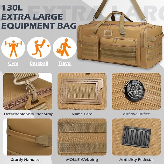 135L Large Duffle Bag, Heavy Duty Duffle Bag for Travel, Extra Large Sports Gym Equipment Bag for Soccer Baseball Basketball Hockey Football, Brown