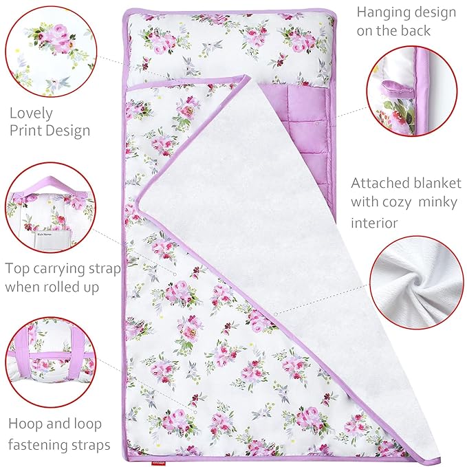 Toddler Nap Mat for Girls Floral, Toddlers Sleeping Mat with Fleece Blanket, Lightweight Perfect for Toddlers Preschool, Daycare, Travel Sleeping Bag, Fit Standard Cot