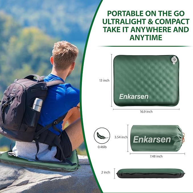Inflatable Travel Seat Cushion – Self-Inflating Memory Foam Pad for Airplane, Stadium Bleachers, Camping, Hiking & Backpacking – Ultralight Compact & Portable Sitting Cushion (Green)