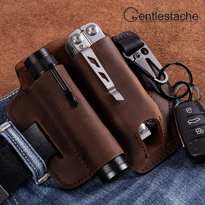 Gentlestache Leather Sheath for Leatherman Multitool Sheath EDC Pocket Organizer with Key Holder for Belt and Flashlight Sheath Multitool Pouch Darkbrown