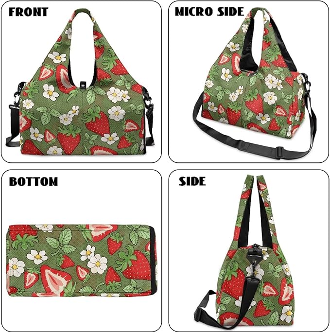 Strawberry Gym Bag with Shoe Compartment and Yoga Mat Holder, Waterproof Daisy Duffel Bag with Pockets Green Workout Bag for Men Fitness Workout Sports Bag