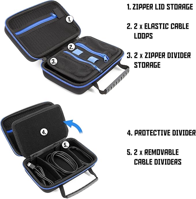 CASEMATIX Hard Shell Electronics Organizer Travel Case with 2 Adjustable Cable Bag Dividers, 3 Zipper Pouches and Elastic Cable Loops - Compact and Protective Charger & Travel Cord Organizer