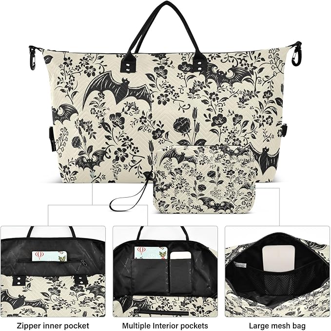 Goth Bat Quilted Travel Bags Weekender Duffle Bags With Toiletry Bag Carry on Overnight Duffels Yoga Gym Bag for Airplanes Business Sports