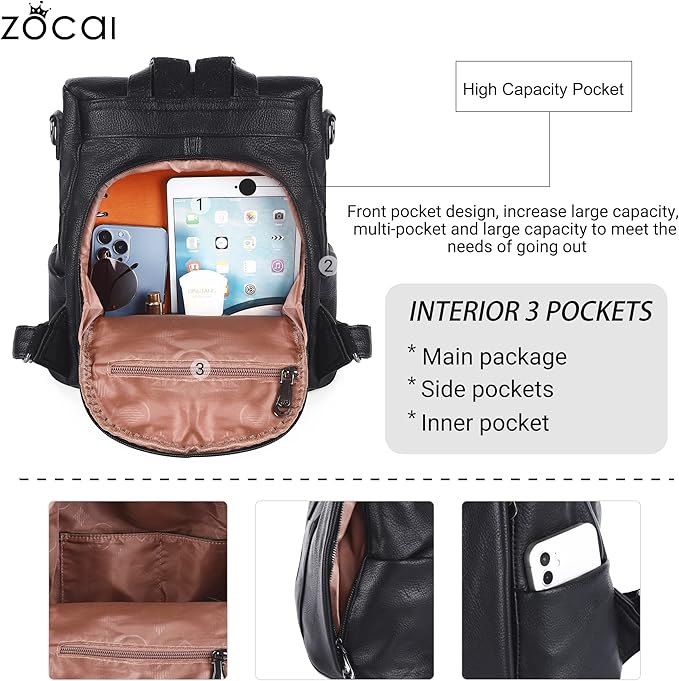 ZOCAI Backpack Purse for Women Fashion Backpack Purses PU Leather Daypacks Anti-Theft Shoulder Bag Satchel Purse
