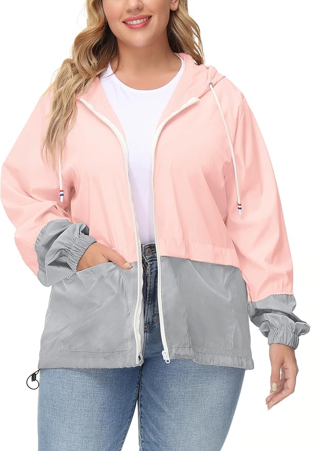 Avoogue Plus Size Raincoat Women Waterproof Rain Jacket Packable Outdoor Hooded Windbreaker