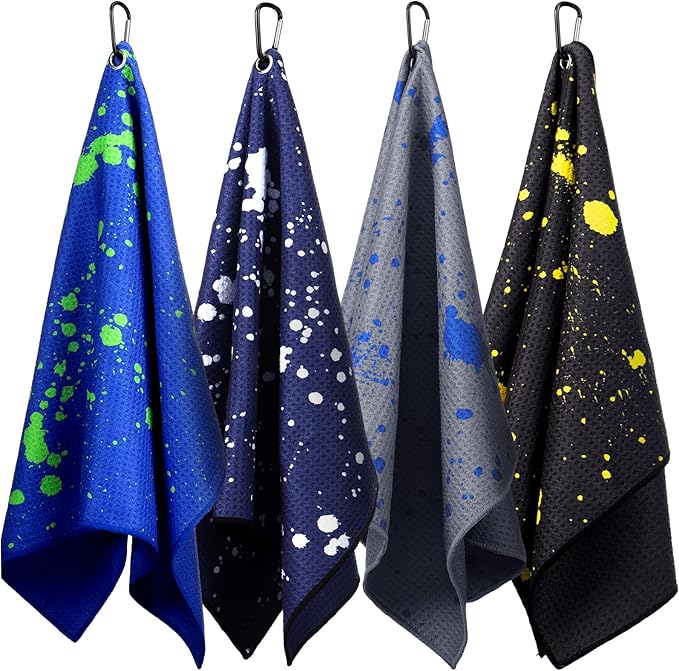 Peryiter 4 Pcs Golf Towels (16" x 24") with Clip Drip Lime Microfiber Fabric Waffle Pattern Towels for Golf Bags Absorbent Club Ball Cleaner Accessories and Gifts for Men Women(Dark Color)