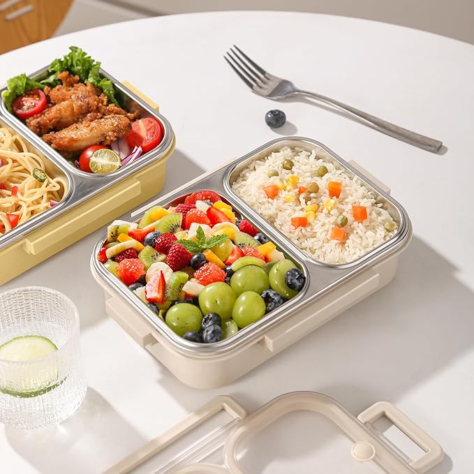Stainless Steel Lunch Box with 2 Compartments, Leakproof, 30.5 oz Food Storage Containers, Bento Box for Adults,Men,Women(Beige)