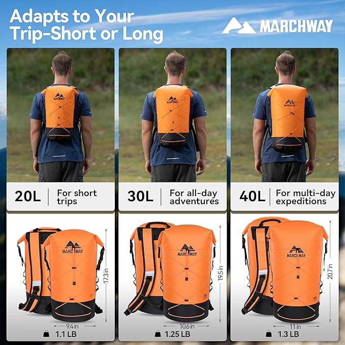 MARCHWAY Floating Roll Top Dry Bag, Flexible Lightweight TPU Waterproof Backpack 20L/30L/40L with Padded Straps for Boating, Kayaking, Swimming, Hiking, Beach (Orange, 20L)