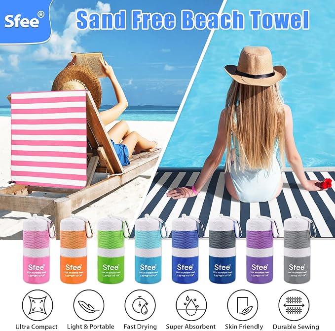 Sfee 2 in 1 Microfiber Oversized Beach Towel, Quick Dry Towel Travel Towel Camping Towel Super Absorbent Compact Lightweight Sports Gym Towels for Beach,Gym, Hiking, Pool, Backpacking, Bath, Yoga