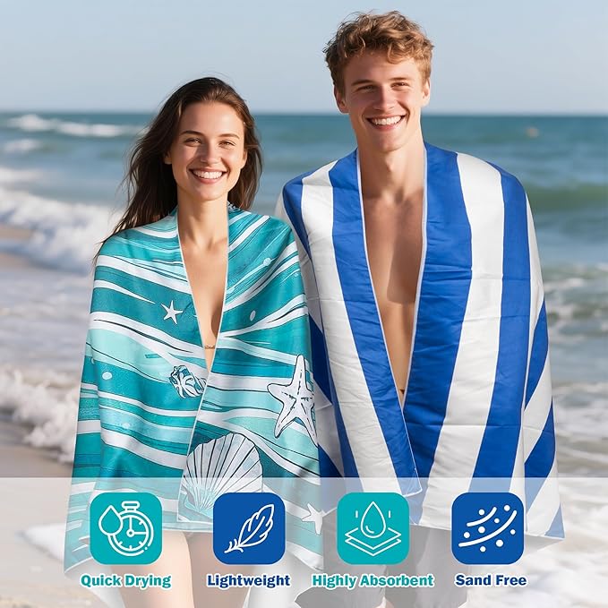 2 Pack Magnetic Beach Towel- 75"x30" Stripe Wave Sand Free Quick Dry Microfiber Towel with Built-in Magnets Lightweight for Beach Chair Car Door Pool Travel Camping Yoga with Storage Bag