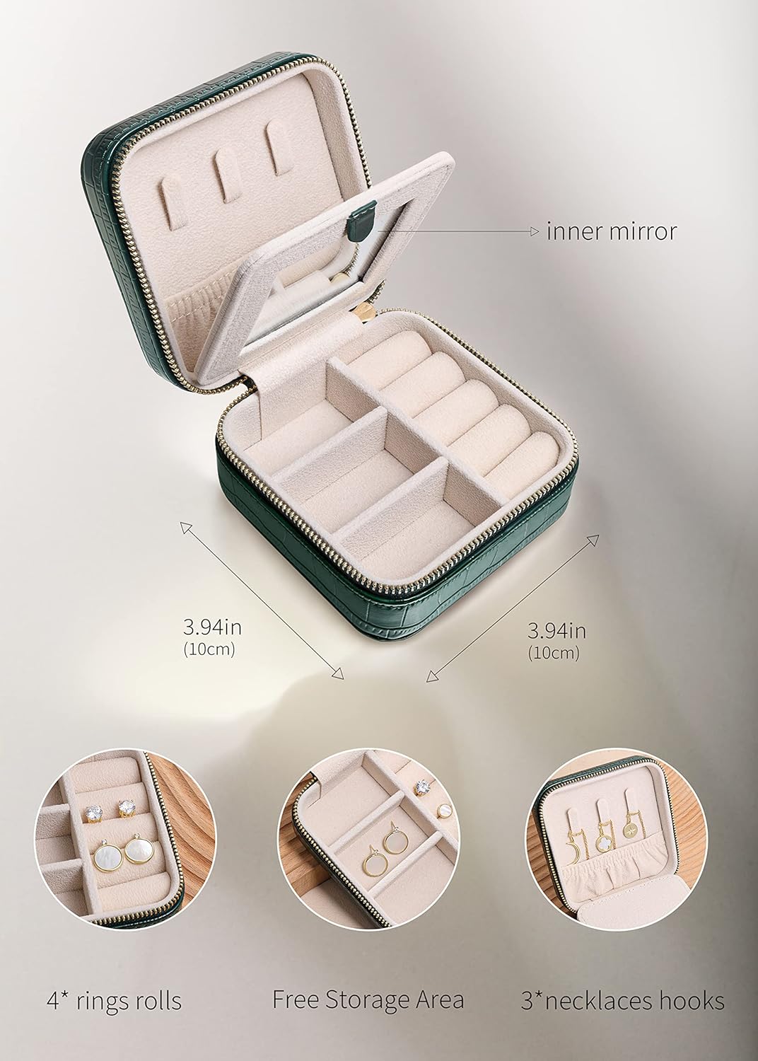 S.Leaf Mini Travel Jewelry Case - Portable Organizer Box for Women - Crocodile Emerald Pattern