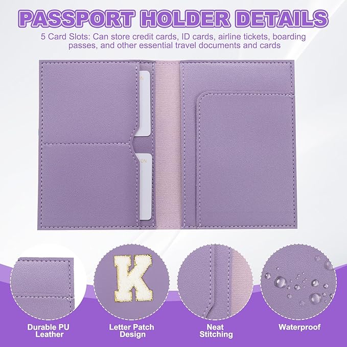 PATIKIL Passport Holder for Travel, Initial Passport Cover and Luggage Tag Set with Alphabet Chenille Letter Patch Travel Wallet Bag Suitcase Identifier for Women Family Travel Purple K