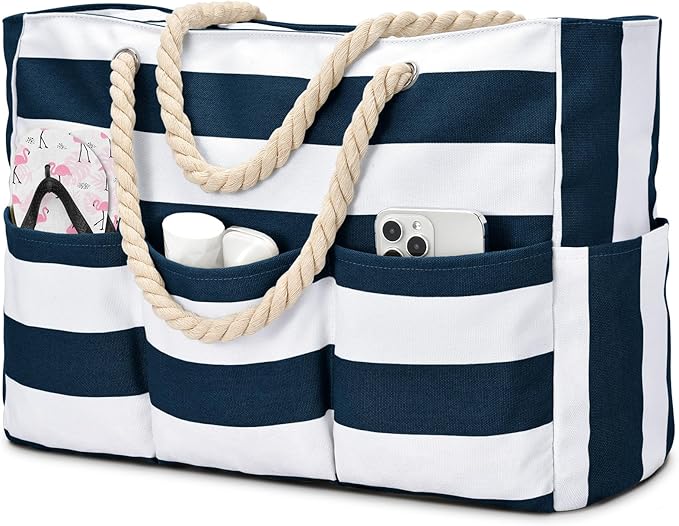 Becokan Beach Bags for Women Canvas Large Beach Tote Bag Zipper Waterproof Sandproof Foldable Swim Pool Bag with 7 Pockets