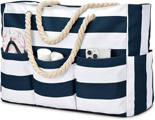 Becokan Beach Bags for Women Canvas Large Beach Tote Bag Zipper Waterproof Sandproof Foldable Swim Pool Bag with 7 Pockets