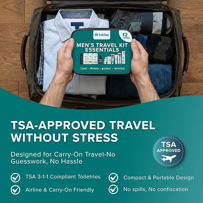 Trektote 12 Piece Men’s Travel Hygiene Kit with Toiletries & Grooming Essentials, TSA-Compliant, Clear Cosmetic Bag - Single or Bulk Packs