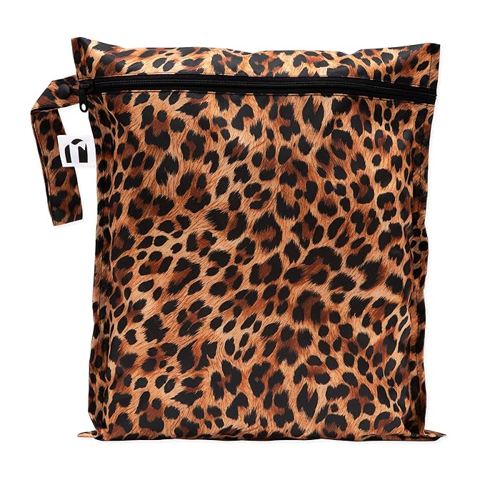 Bumkins Roamio Waterproof Wet Bag for Baby, Travel, Swim Suit, Cloth Diapers, Pump Parts, Pool, Beach, Gym Clothes, Toiletry, Hook to Stroller, Daycare, Zip Reusable Wetdry Pack Pouch, Leopard Print