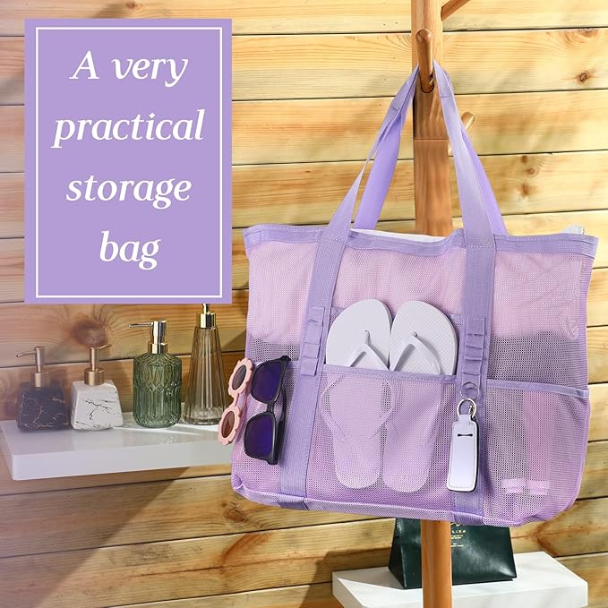 Hillban Large Beach Mesh Bags Bulk for Women Beach Tote Bag with 8 Pocket Zipper Waterproof Sandproof for Pool Cruise Ship
