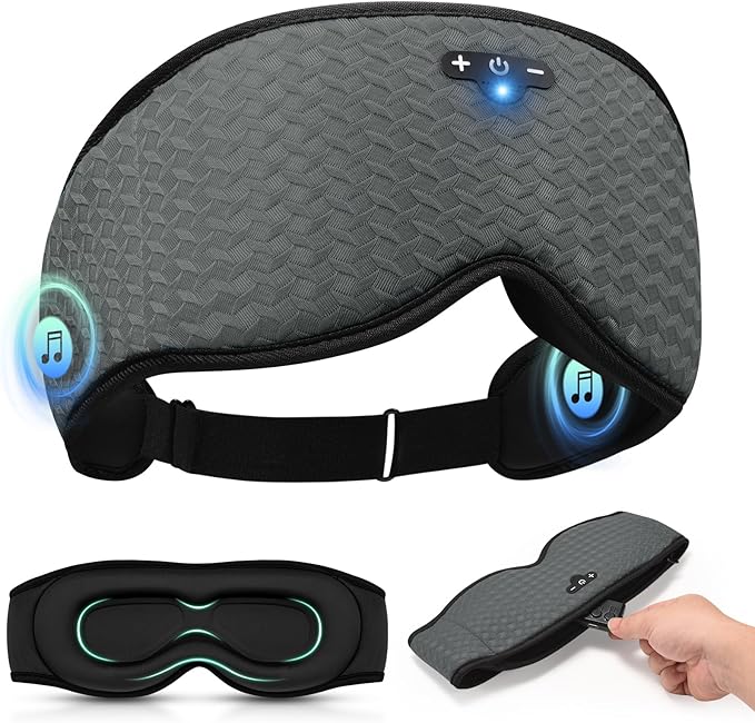 3D Contoured Sleep Mask with Bluetooth Headphones, Adjustable Blackout Sleeping Mask, Easy Installation Sleeping Headphones with Ultra-Thin Stereo Speakers for Men, Women - Gray