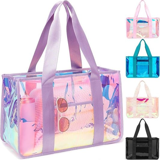Iridescent Clear Beach Bag for Women, Large Pool Tote Cruise Vacation Essentials - Waterproof, Zipper Closure