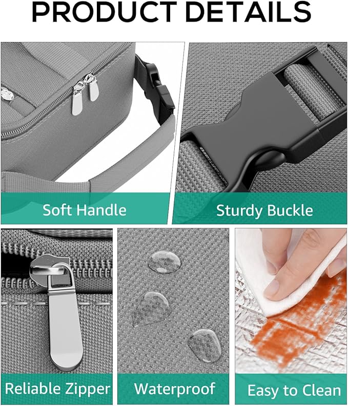 HowFly Small Lunch Bag - Insulated Lunch Box Bag for Women Men - Portable Thermal Reusable Meal Cooler Bags with Buckle Handle for Work School - Gray