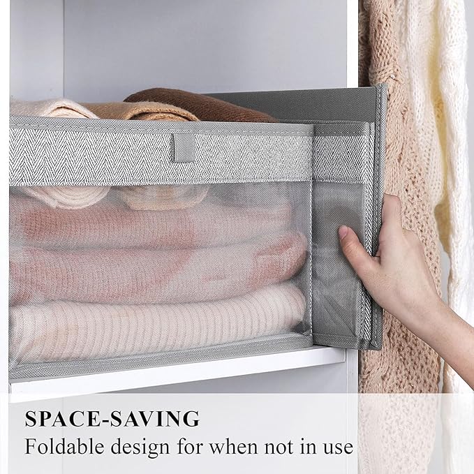 WUIKE Closet Storage Bins, Large Fabric Storage Baskets with Clear Window, Foldable Organizer for Clothes, Shelves, Herringbone Gray, 3 Pack
