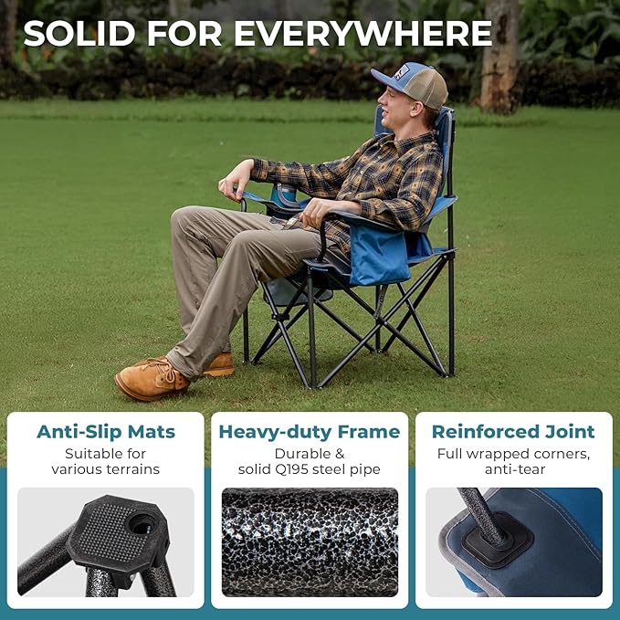 FUNDANGO Oversized Camping Chairs for Adults, Heavy Duty Fold Up Sports Games Lawn Chairs, Extra Wide Big Man Outdoor Chairs with Padded Lumbar Support Backrest, Bag Included for Camp, Outside, Beach
