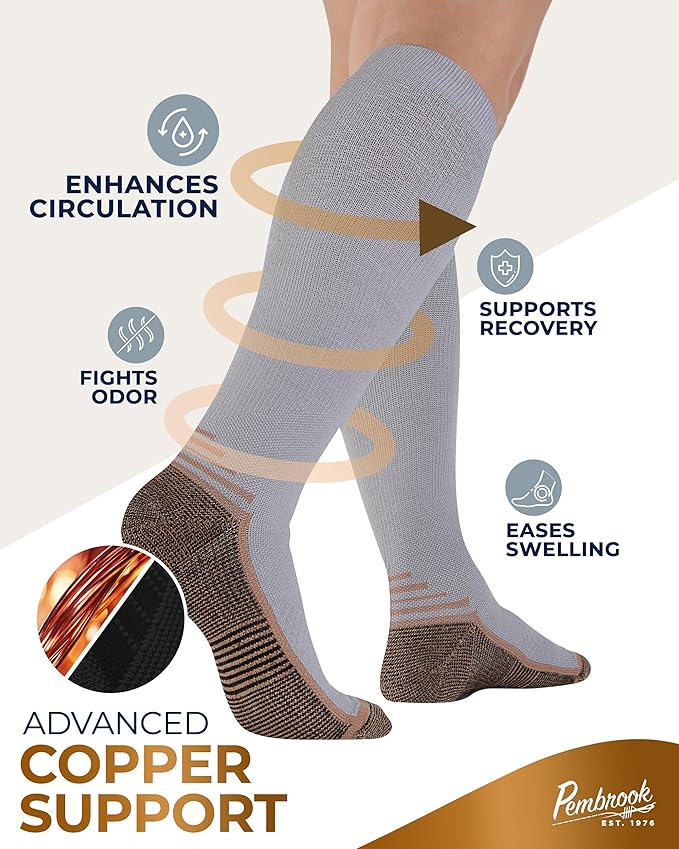 Pembrook 3 Pairs Copper Mens Compression Socks 20-30 mmHg, Running, Hiking, Athletic Cycling, Travel | Circulation Support