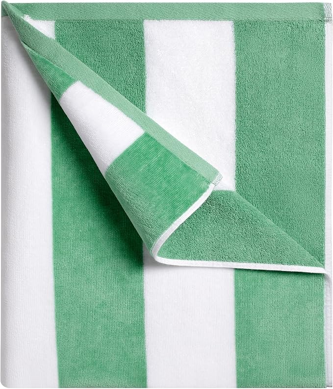 cabanana Large Oversized Beach Towel - 35 x 70 Inch Cotton Pool Towel, Green Striped Soft Cabana Swim Towel