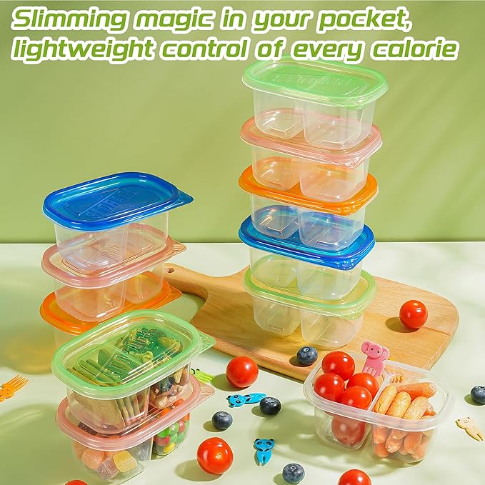 20pcs Snack Containers with Lids,Double Compartment Snack Containers for kids adults, 10 Cute Forks，Bento Box-Lightweight and stackable, Microwave, refrigerator safe (4 Color)