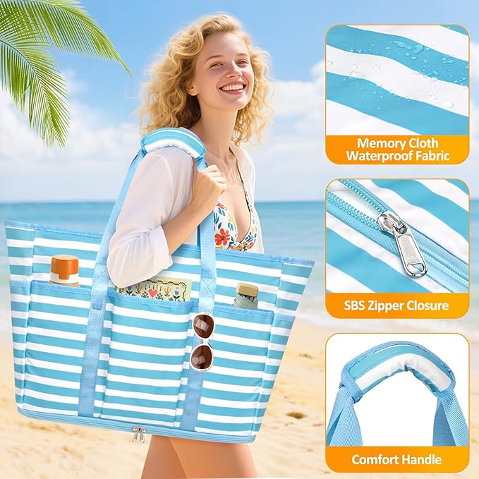 Large Beach Bag with Zipper, 12 Pockets Waterproof Sandproof Pool Bag Womens Mesh Beach Tote Bag for Travel Vacation