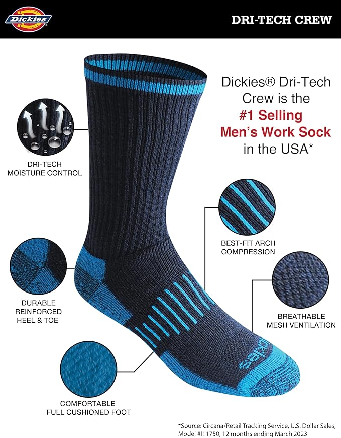 Dickies Men's Dri-Tech Original Moisture Control Crew Socks, Available in M-XXL (6, 12, 18 Pairs)
