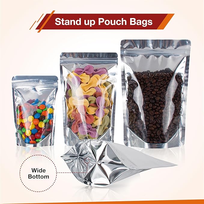 BELLE KR® Pint Mylar Bags for Food Storage - Pack Of 300-5x8-7.5mil Thick - Gusseted Bottom Clear Front Mylar Bags for Freeze Dryer - Labels Included