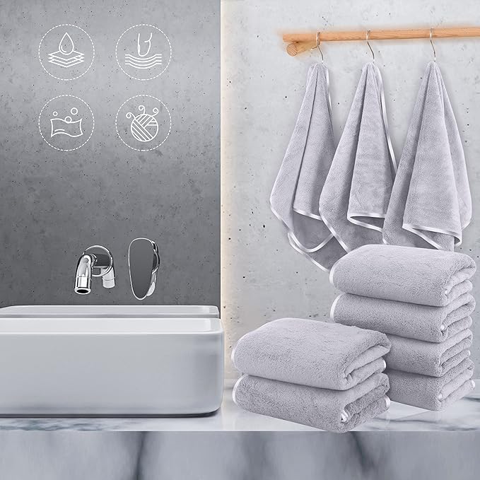 TENSTARS Silk Hemming Hand Towels for Bathroom - Quick Drying - Ultra Soft Microfiber Absorbent Towel for Bath Fitness, Gym, Shower, Hotel, and Spa - 16x28 Inch | Set of 6, Light Grey