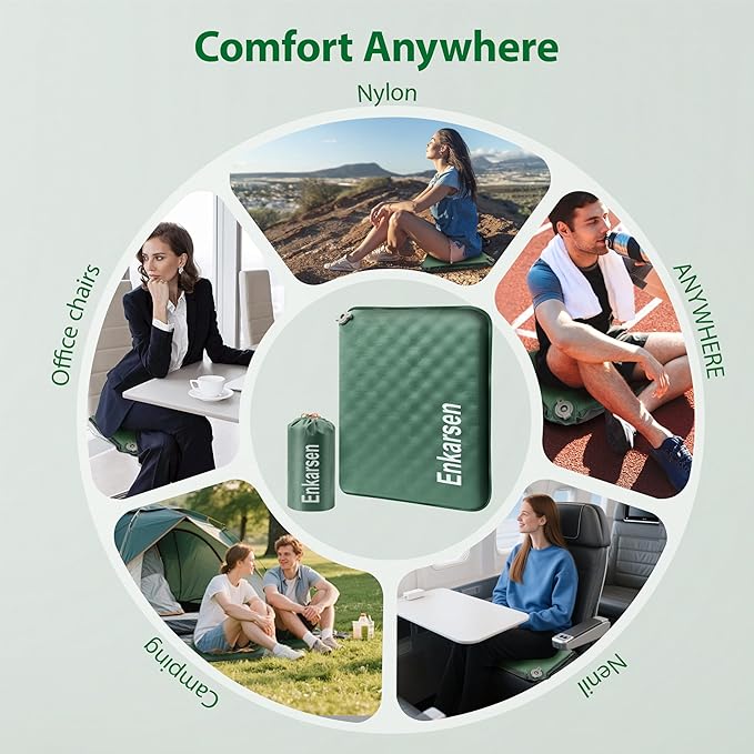 Inflatable Travel Seat Cushion – Self-Inflating Memory Foam Pad for Airplane, Stadium Bleachers, Camping, Hiking & Backpacking – Ultralight Compact & Portable Sitting Cushion (Green)