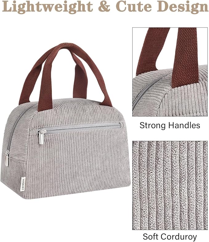 Cute Lunch Box Tote Bag - CoolerCorduroy Insulated Bags for Women - Lightweight Reusable Portable Soft Lunch Pail Kit for Kids Teen Girl Adults Work School Picnic Travel Grey 8L