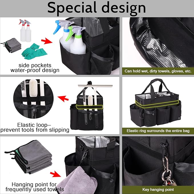 Large Wearable Cleaning Caddy Bag with Detachable Divider, Cleaning Organizer with Handles, Cleaning Supply Tote with Adjustable Shoulder Strap&Waist Belt for Cleaners & Housekeeper (Black)