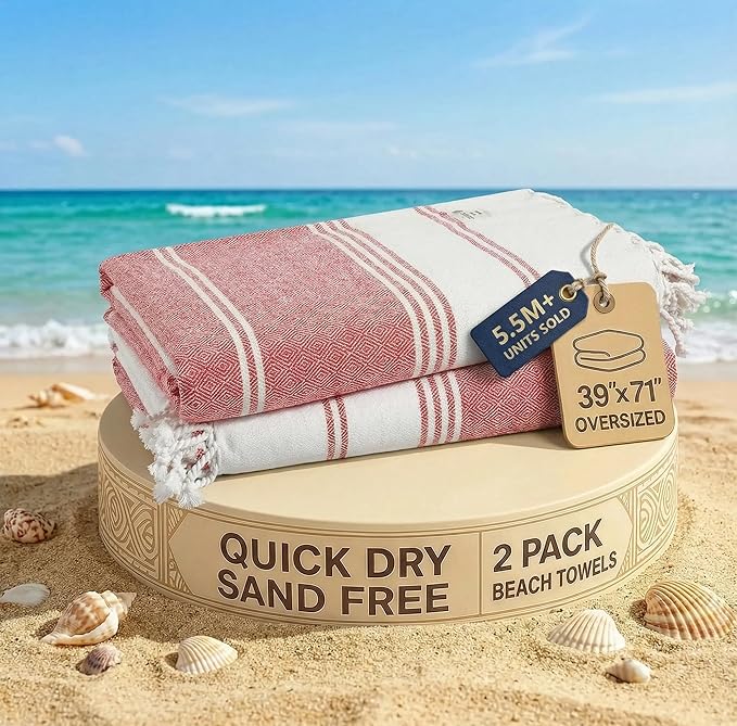 LANE LINEN Turkish Beach Towel 2 Pack, Oversized Beach Towel 39"x71", Lightweight Beach Essentials for Women, Large Pool Towel, Absorbent & Quick Dry, Sand Free Beach Towel - Hibiscus