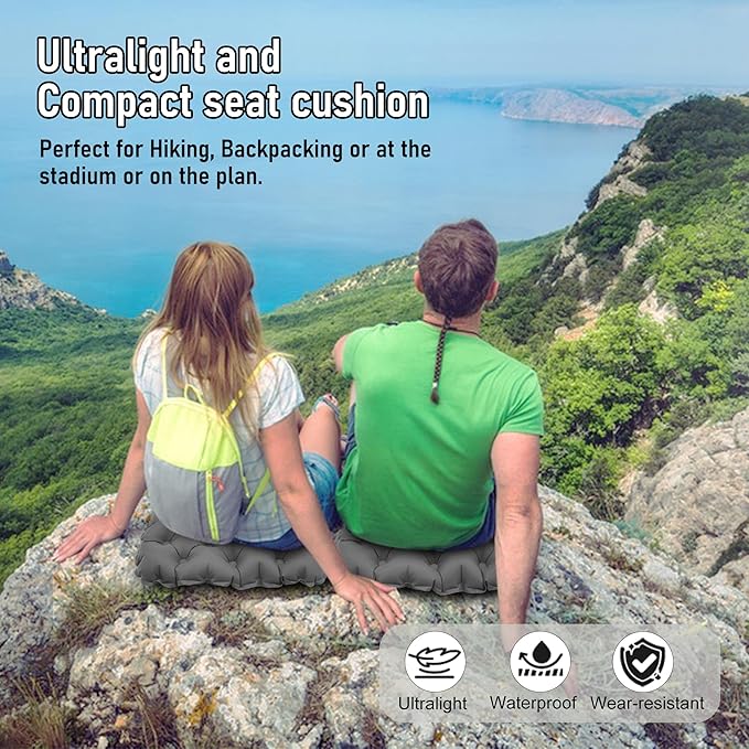 Inflatable Seat Cushion, Lightweight Stadium Seat Pad, Travel Air seat Cushion Anti-Slip for Airplane, Hiking, Climbing, Home and Camping,Gray