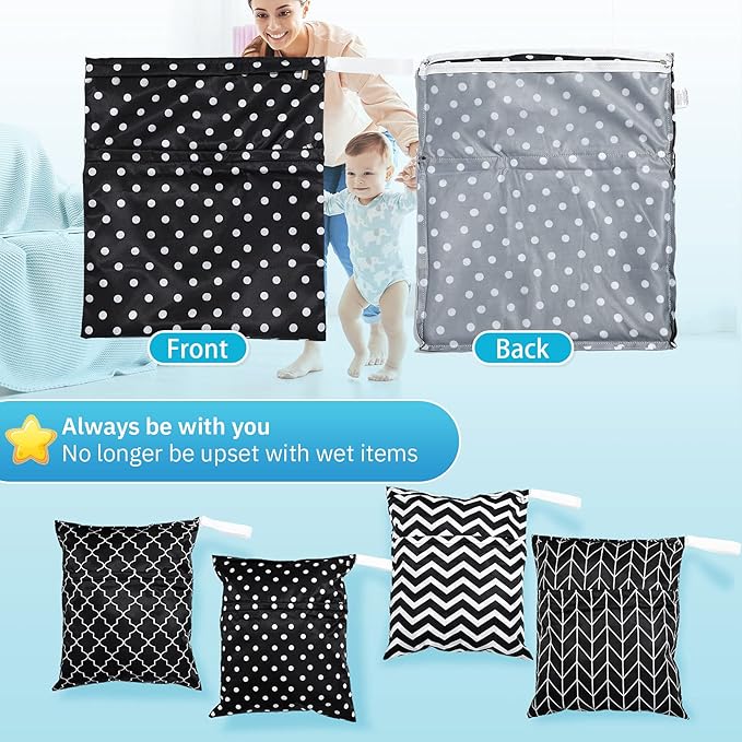 Frienda 4 Pieces Wet Dry Bag for Baby Waterproof Reusable Washable Diaper Bag Sealed with Handle for Travel, Beach, Swimsuit, Diapers, Dirty Gym Clothes and Toiletries (Dark Geometric)