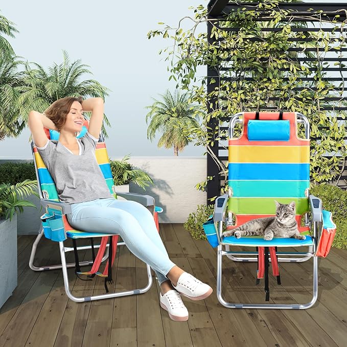 VINGLI Tall Beach Chair 2 Pack Lightweight, Backpack Beach Chair for Adults with 5-Position, Cooler Bag, Cup Holders, Towel Bar, Folding Beach Camping Chairs（16“-Rainbow）