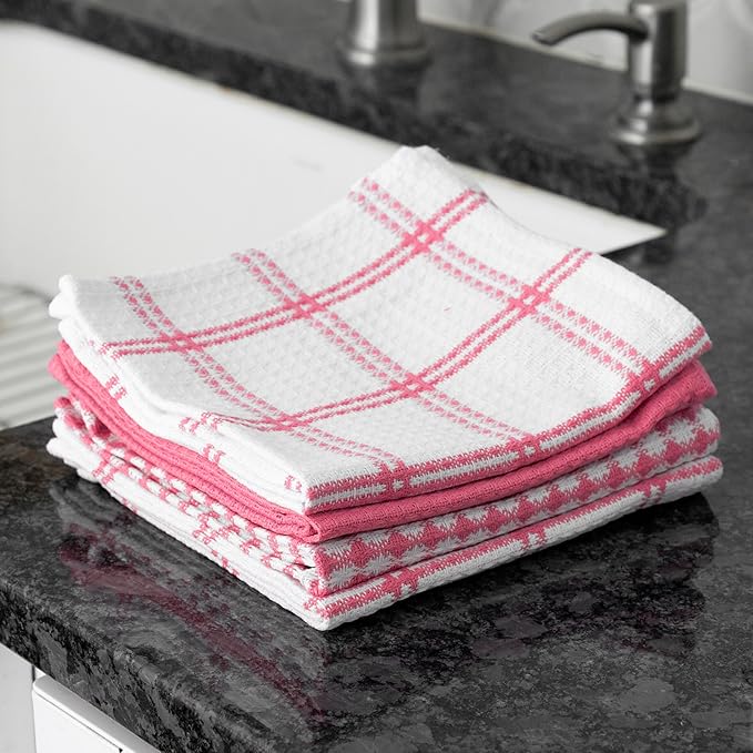 T-Fal Premium Waffle Dish Cloths: Highly Absorbent, Super Soft Long Lasting - 100% Cotton, 12"x13" Flat Waffle Dish Towel for Cleaning & Drying Dishes, (4-Pack), Pink