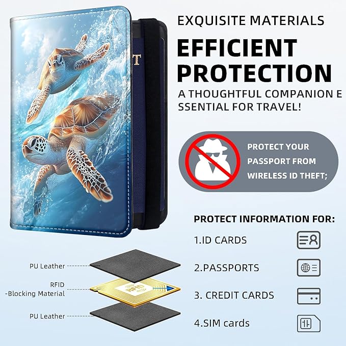 RFID Security Premium Passport and Travel Document Holder Combo, Slim PU Leather Folio Wallet with 3 Card Slots & Boarding Pass Pocket, Secure Elastic Closure Organizer, Colorful Turtle