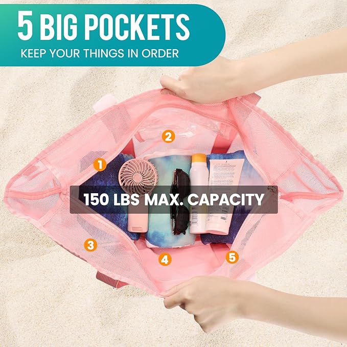 Mesh Beach Bag, Large Bag with Zipper Beach Bags for Women Waterproof Sandproof with 5 Pockets Green
