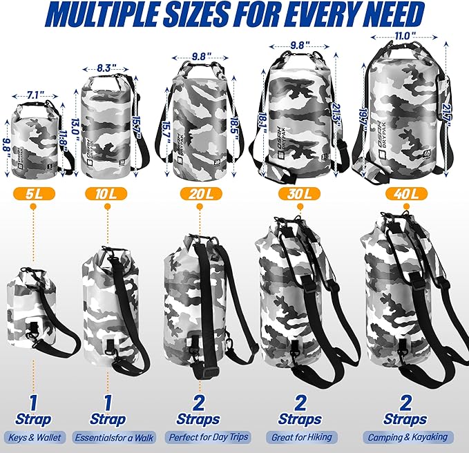 Waterproof Dry Bag, 5L/10L/20L/30L/40L Roll Top Lightweight Storage Backpack with Phone Case for Women & Men, Floating Waterproof Sack for Travel, Swimming, Kayaking, Paddle Board, Camping & Beach