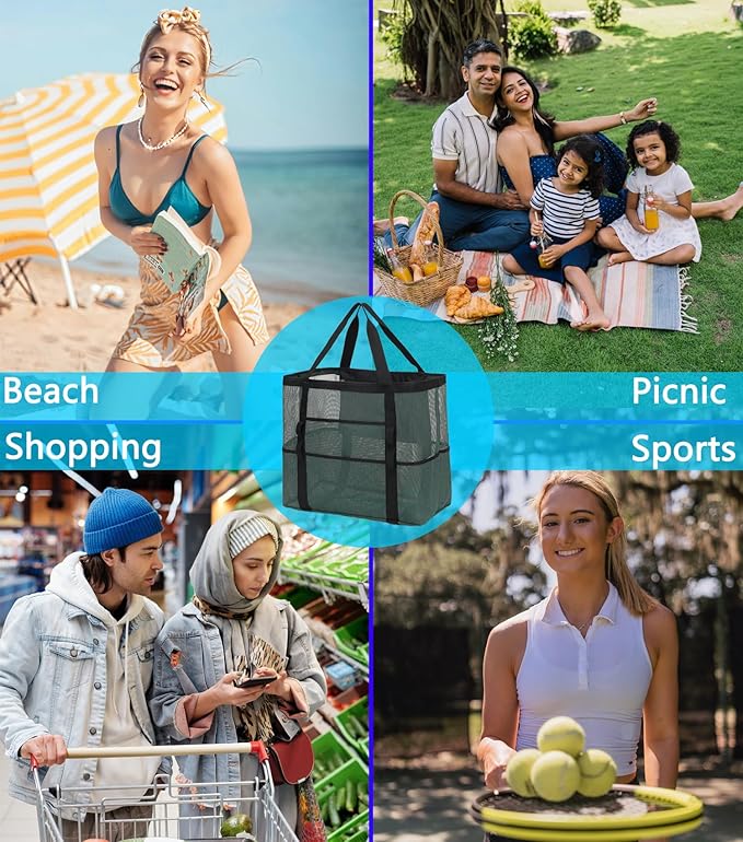 Mesh Beach Bag, Large Beach Tote with Zipper Pocket, Toys Pool Bag for Family Travel Vacation Cruise Essentials