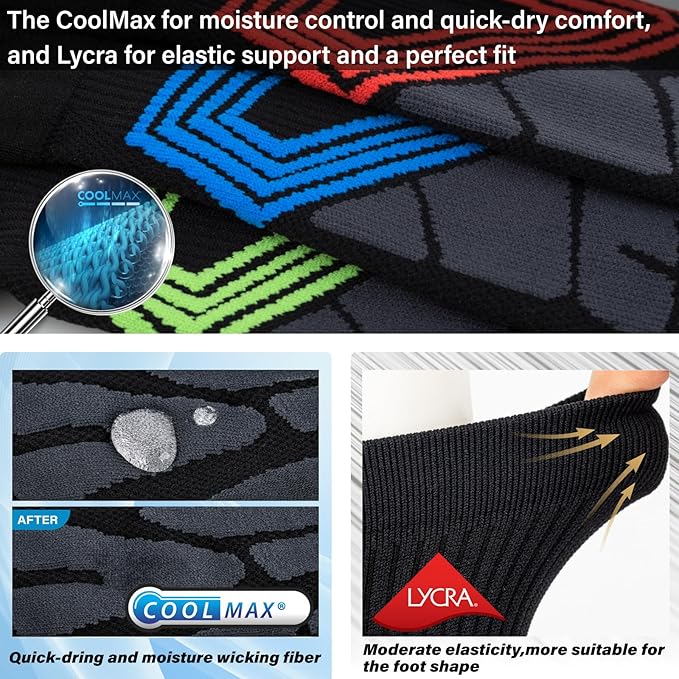 Hylaea Compression Running Socks for men, Coolmax Anti-Blister Cushion Crew Socks for Athletic, Moisture Wicking & Seamless